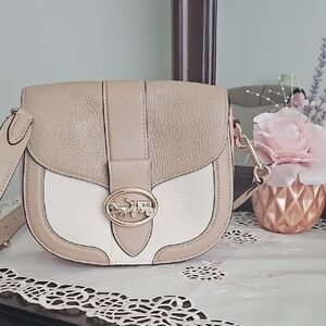 Coach Saddle Beige, Off-White And Pink Leather Crossbody Bag